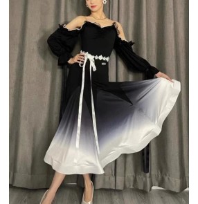 Black with white gradient ballroom dance dresses for women girls hollow shoulder lace ribbon long sleeves waltz tango foxtrot smooth dance long gown